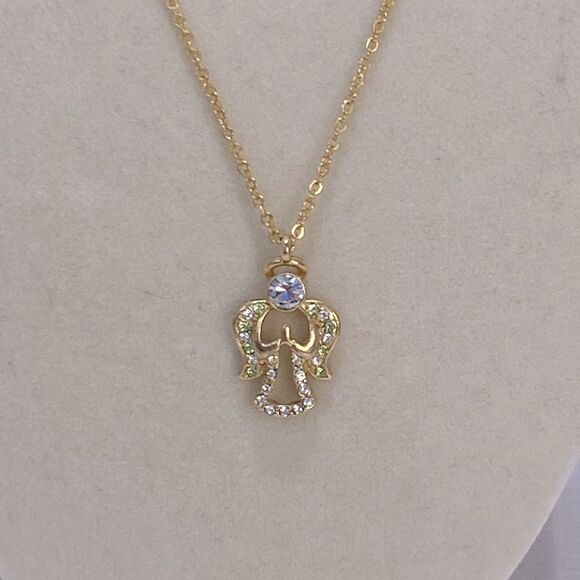 Vintage Danbury Mint DM Clear and Aqua Rhinestone Angel Pendant Necklace - Picture 1 of 8